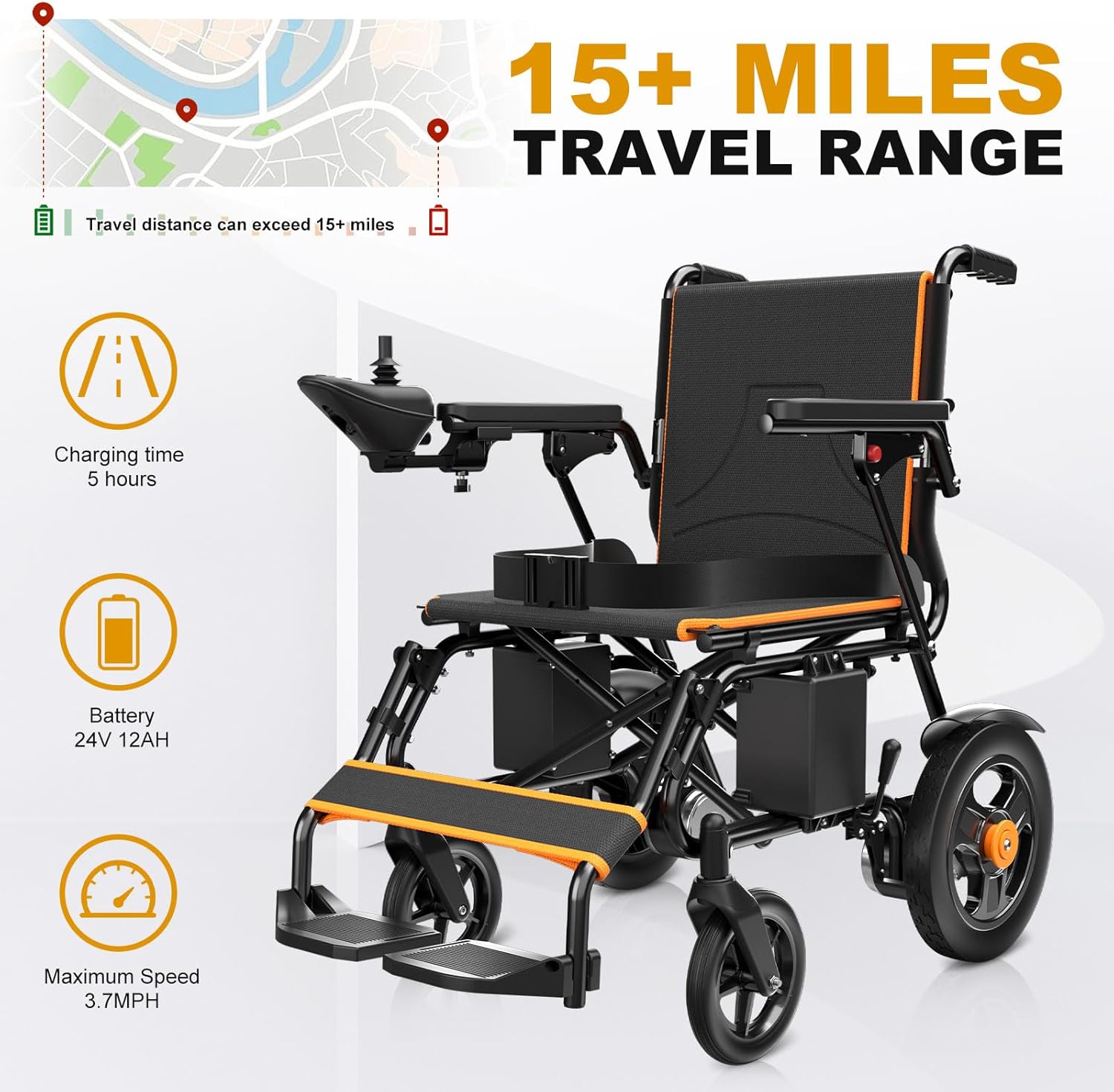Foldable Electric Wheelchair with Dual Motor, 15-Mile Range, Lead-Acid Battery, 350 lb Capacity – Portable Mobility Chair for Adults