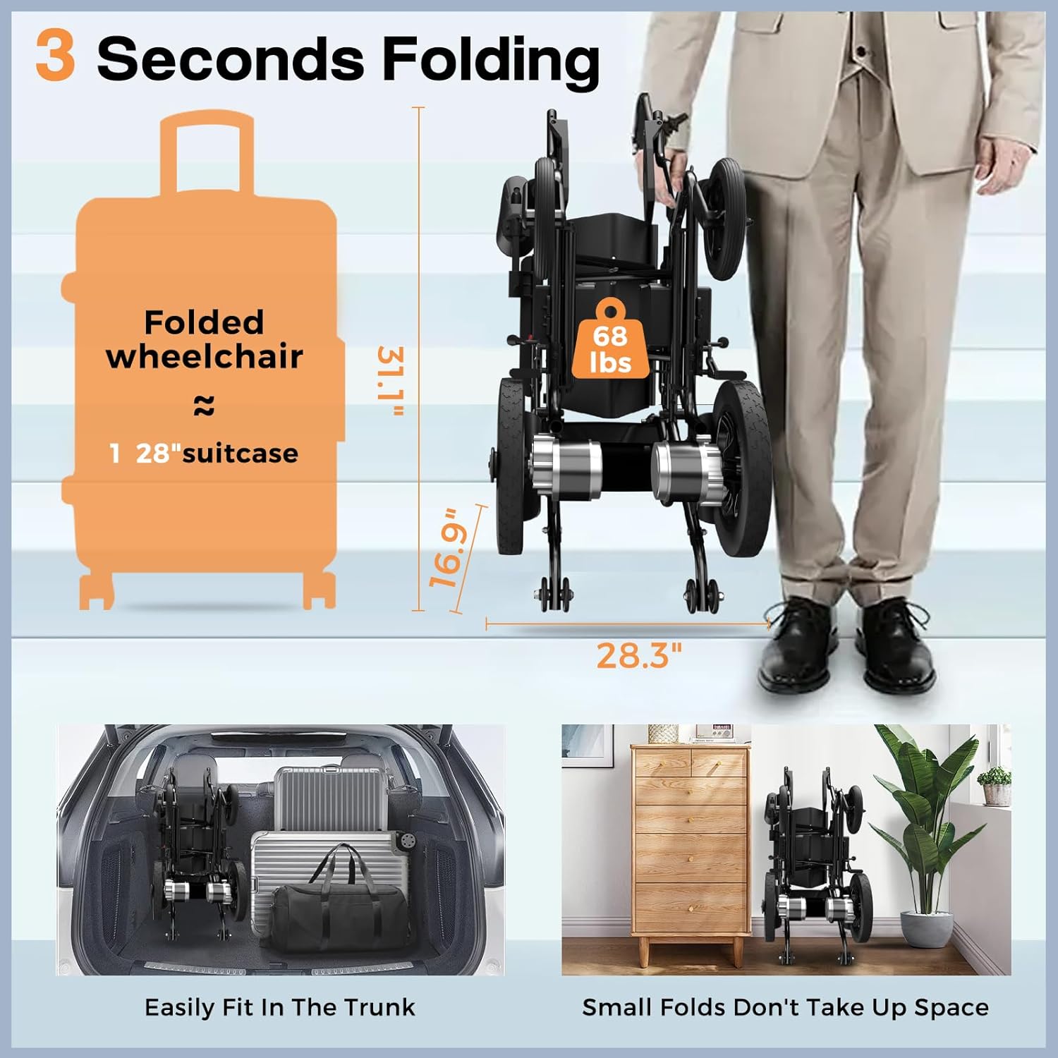 Foldable Electric Wheelchair with Dual 250W Motors, 16-Mile Range, Intelligent Braking