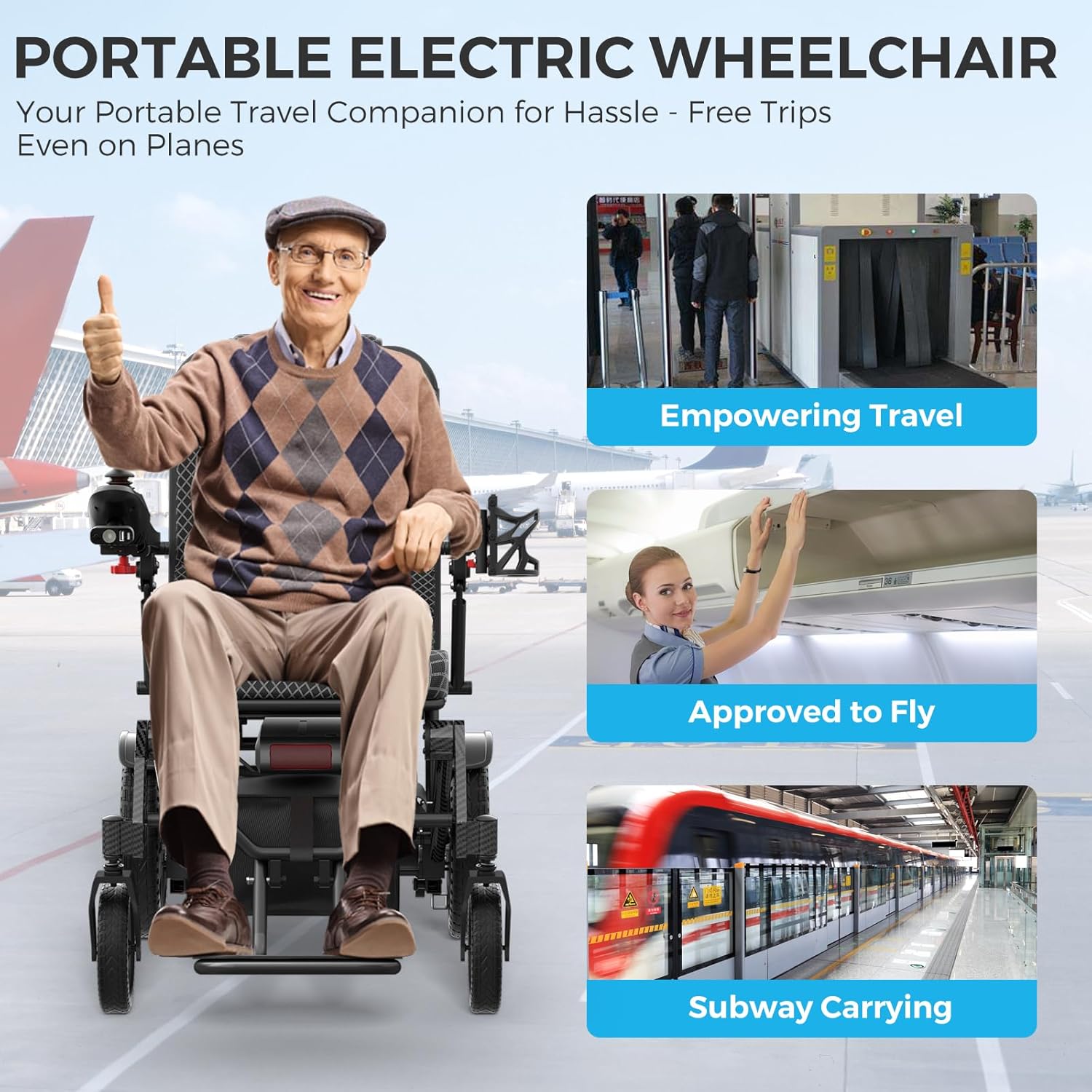 Foldable Electric Wheelchair with Dual 250W Motors, 16-Mile Range, 360° Joystick