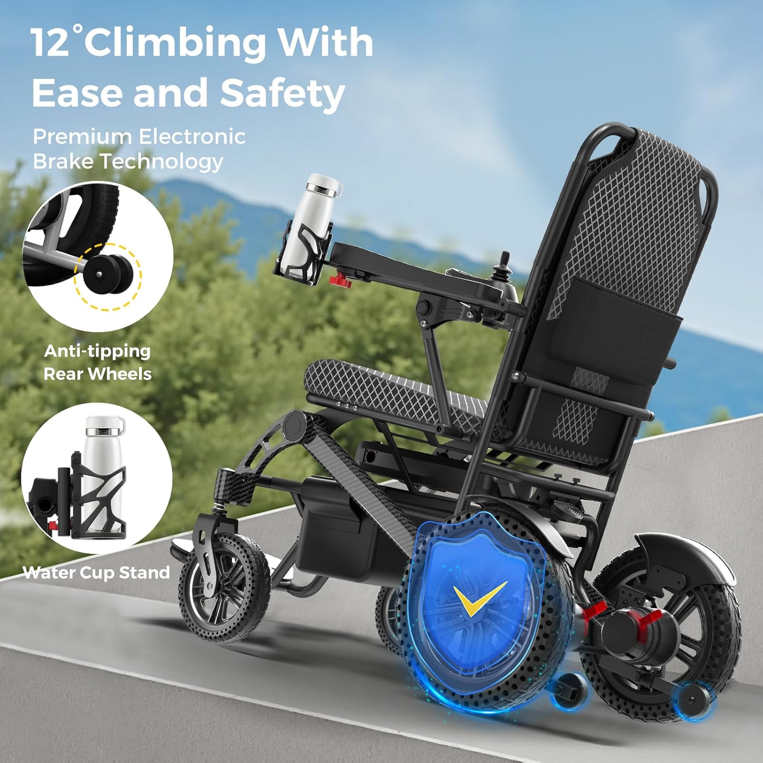 Foldable Electric Wheelchair with Dual 250W Motors, 16-Mile Range, 360° Joystick