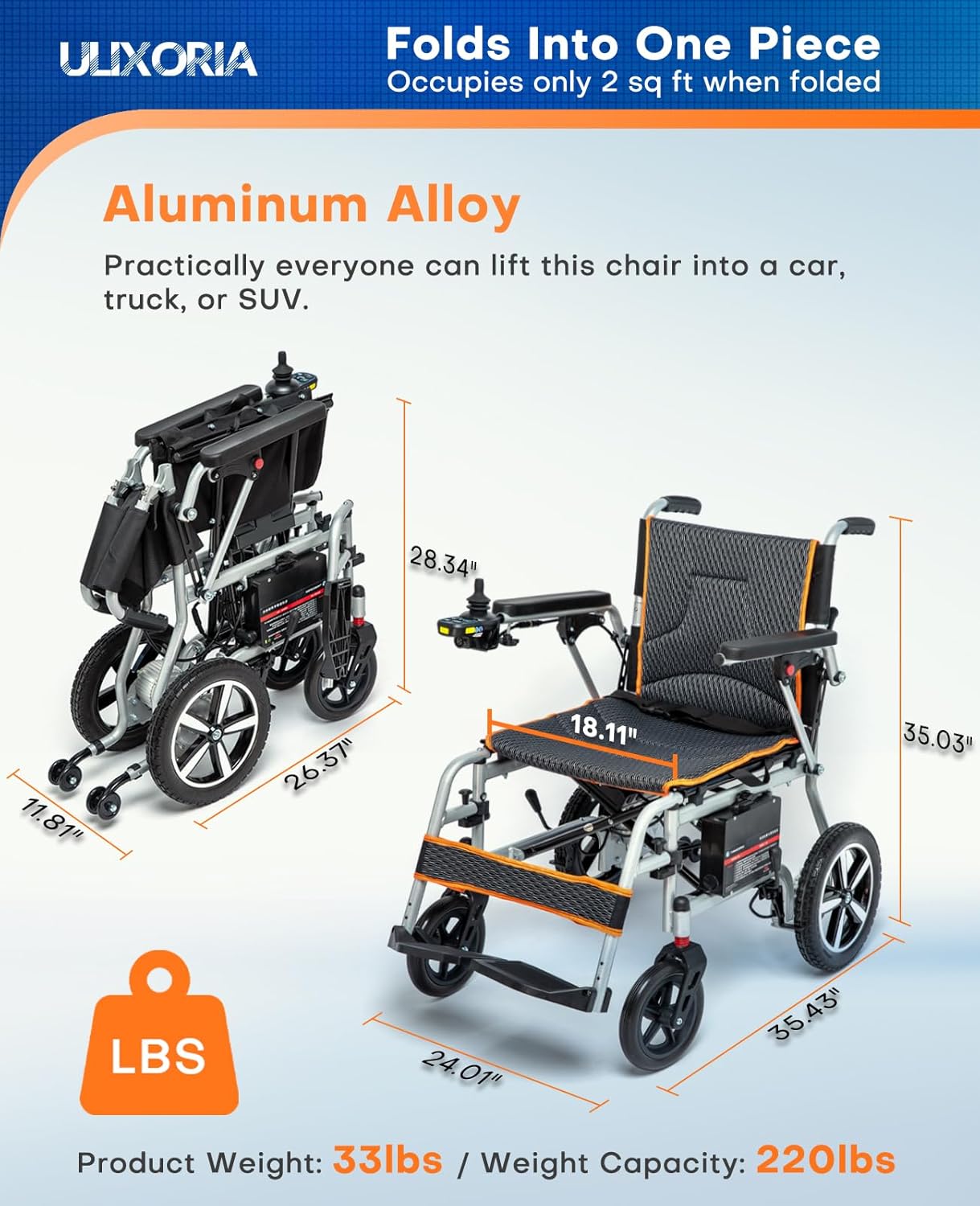 Lightweight Foldable Electric Wheelchair with Removable Battery – 10 Mile Range