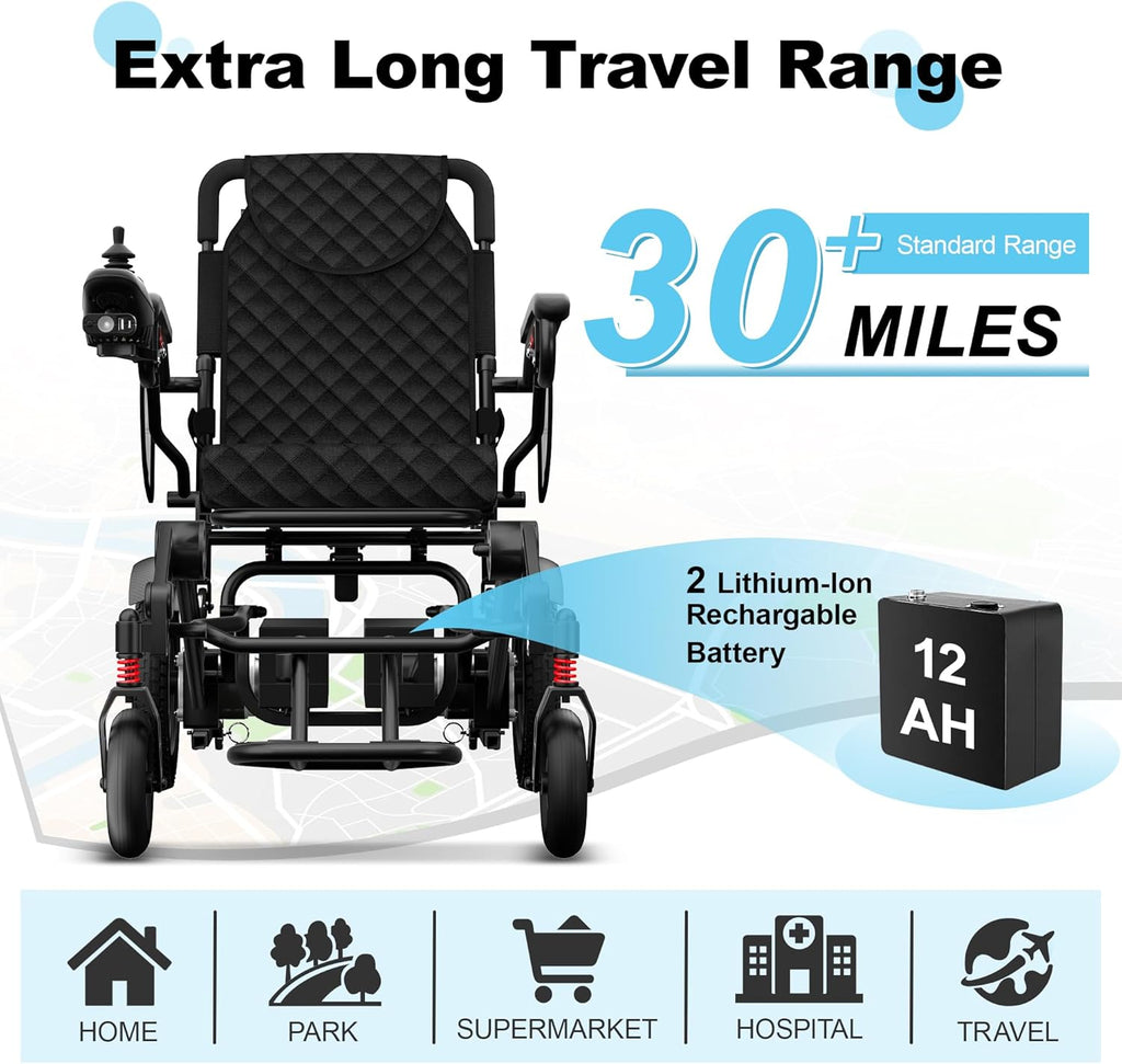 Foldable Electric Wheelchair with Dual Motor, 30-Mile Range, 350 lb Capacity, 2-Year Warranty – Portable Mobility Aid for Adults