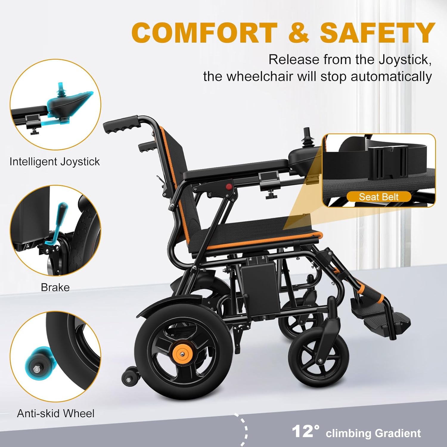 Foldable Electric Wheelchair with Dual Motor, 15-Mile Range, Lead-Acid Battery, 350 lb Capacity – Portable Mobility Chair for Adults