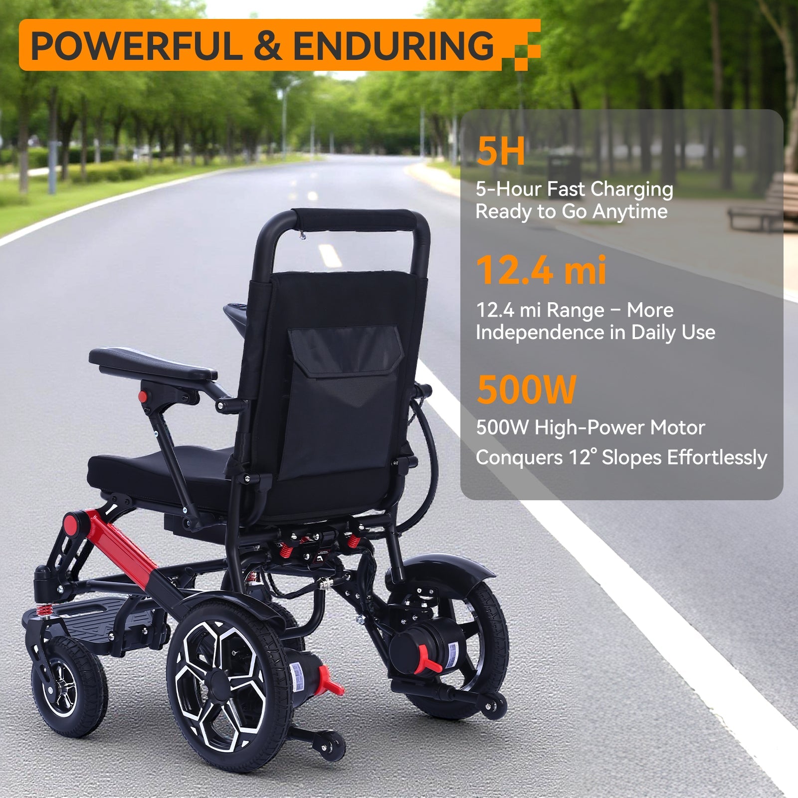 Foldable Lightweight Electric Wheelchair with Removable Battery 500W Power, 13-Mile Range