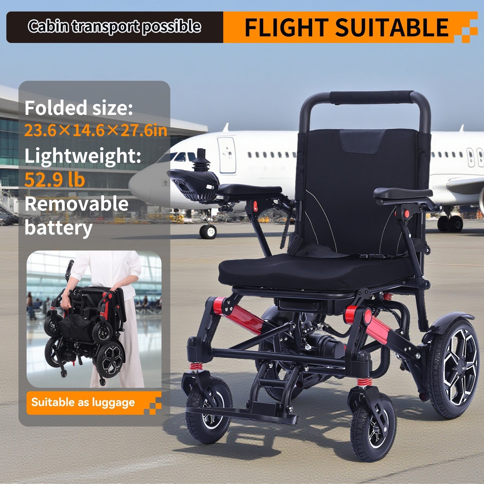 Foldable Lightweight Electric Wheelchair with Removable Battery 500W Power, 13-Mile Range