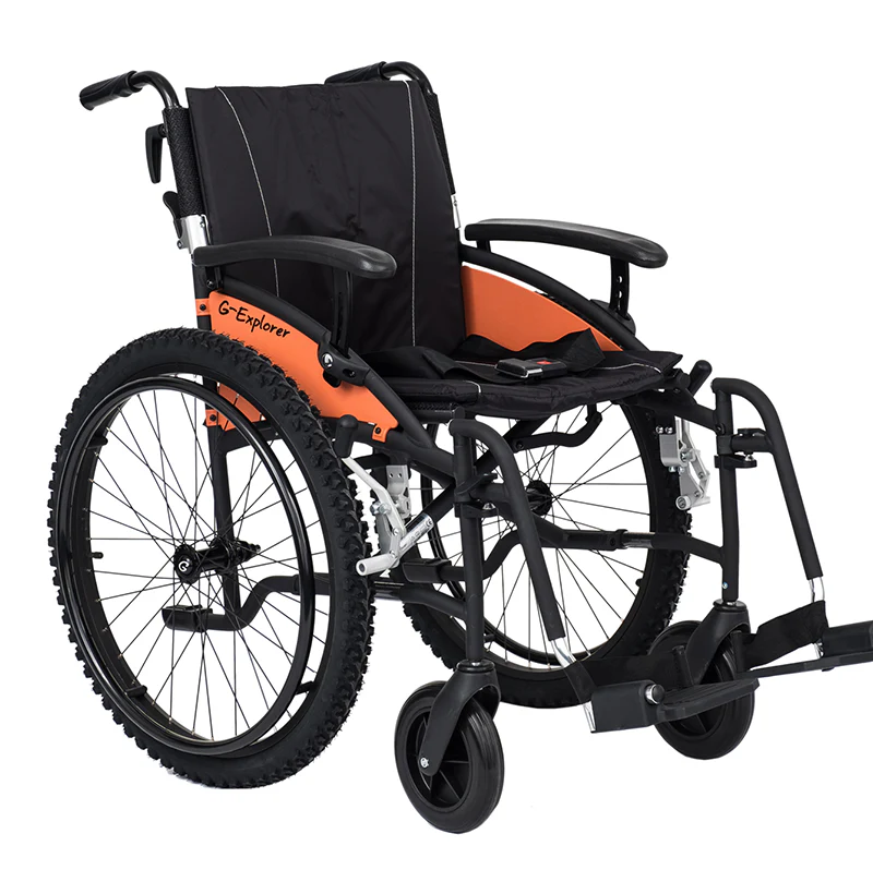 All-Terrain Folding Wheelchair – 18″ Seat, 24″ MTB Rear Wheels, Lightweight 15 kg Frame